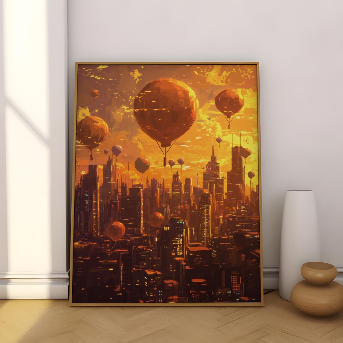 Golden Sunset Futuristic City Hot Air Balloons Warm Urban Art Poster