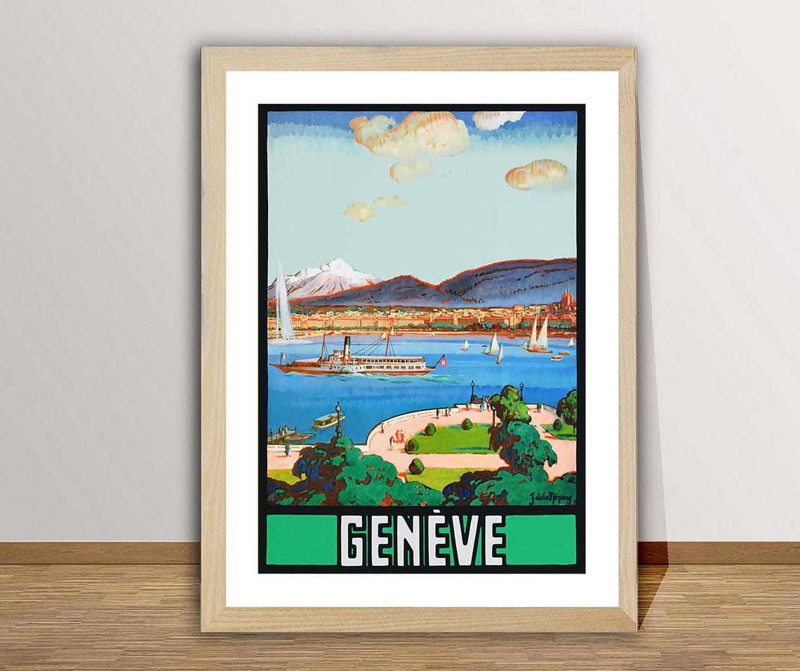 Geneve Switzerland Harbor Steamer Alpine Vintage Travel Poster