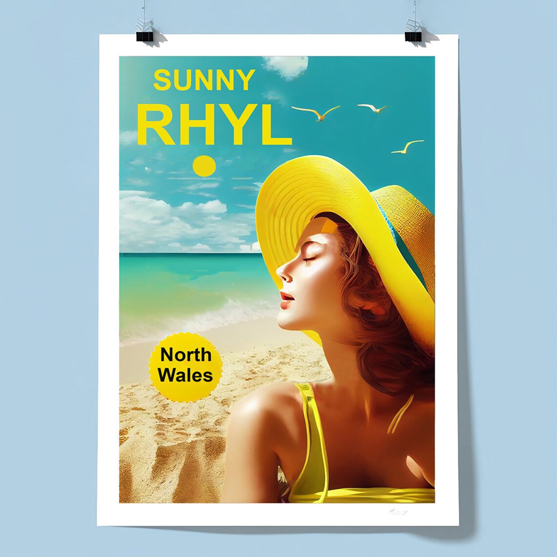 Sunny Rhyl North Wales Beach Woman Sun Hat Retro Travel Poster - Image 3