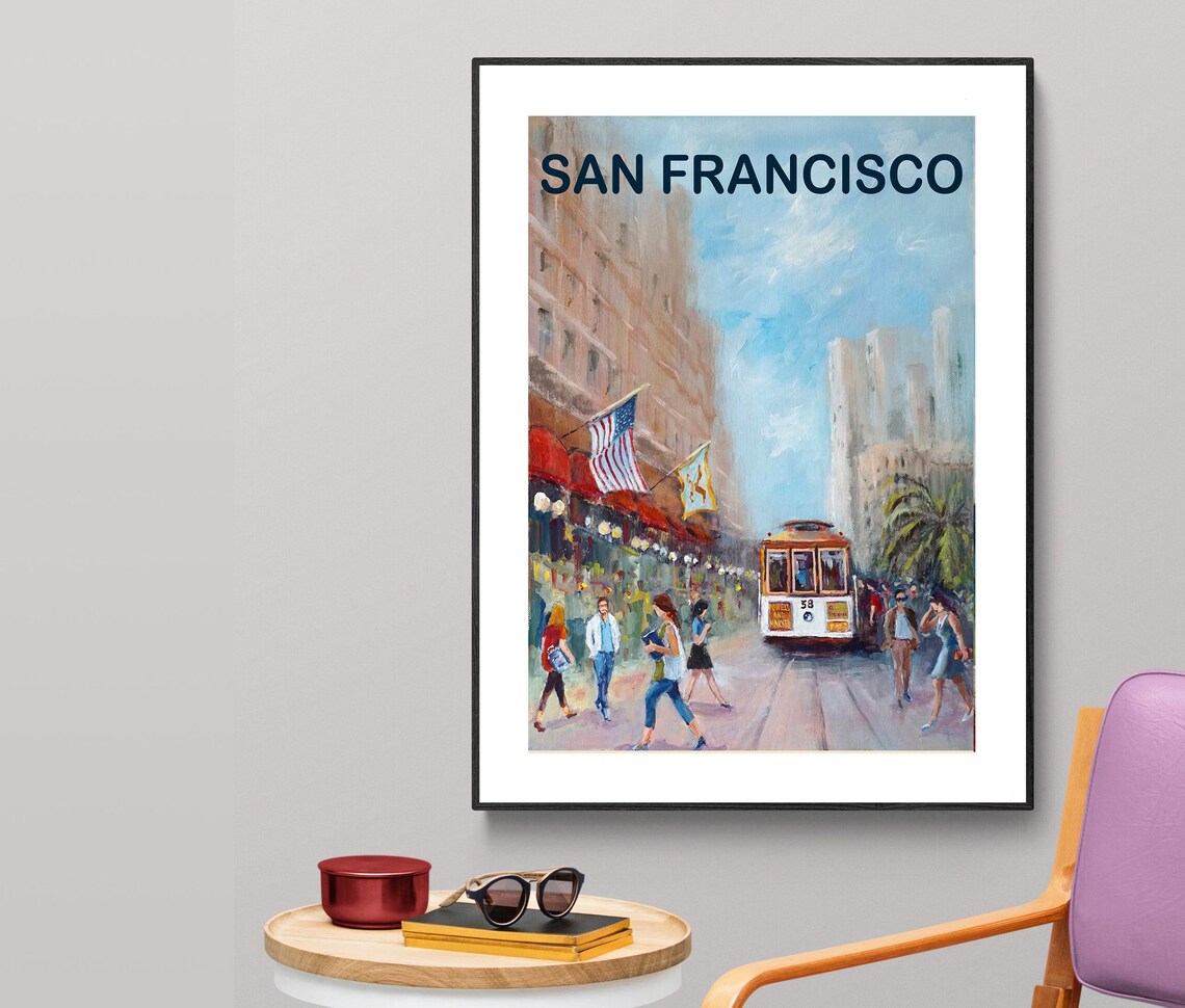 San Francisco Cable Car Hill Street Scene Vintage Travel Poster
