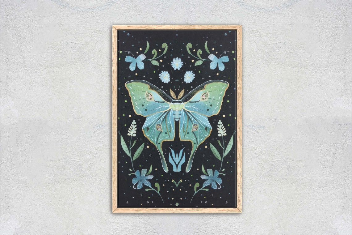 Luna Moth Folk Art Celestial Art Cottagecore Framed Dark Print Mint Green Nature Print - Image 2