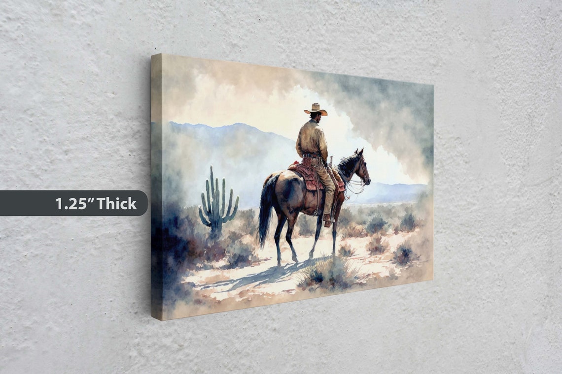 Watercolor Cowboy Horseback Desert Cactus Old West Sunset Scene Poster - Image 3