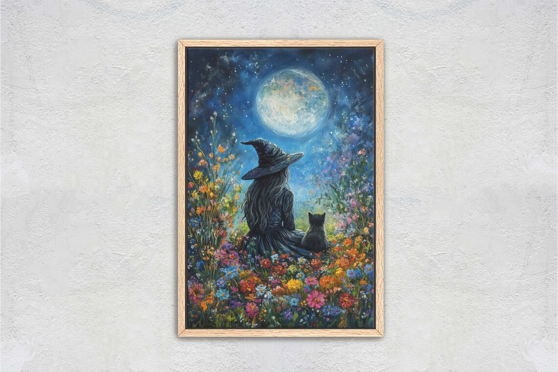 Witch, Black Cat & Full Moon Halloween Art Print - Image 2