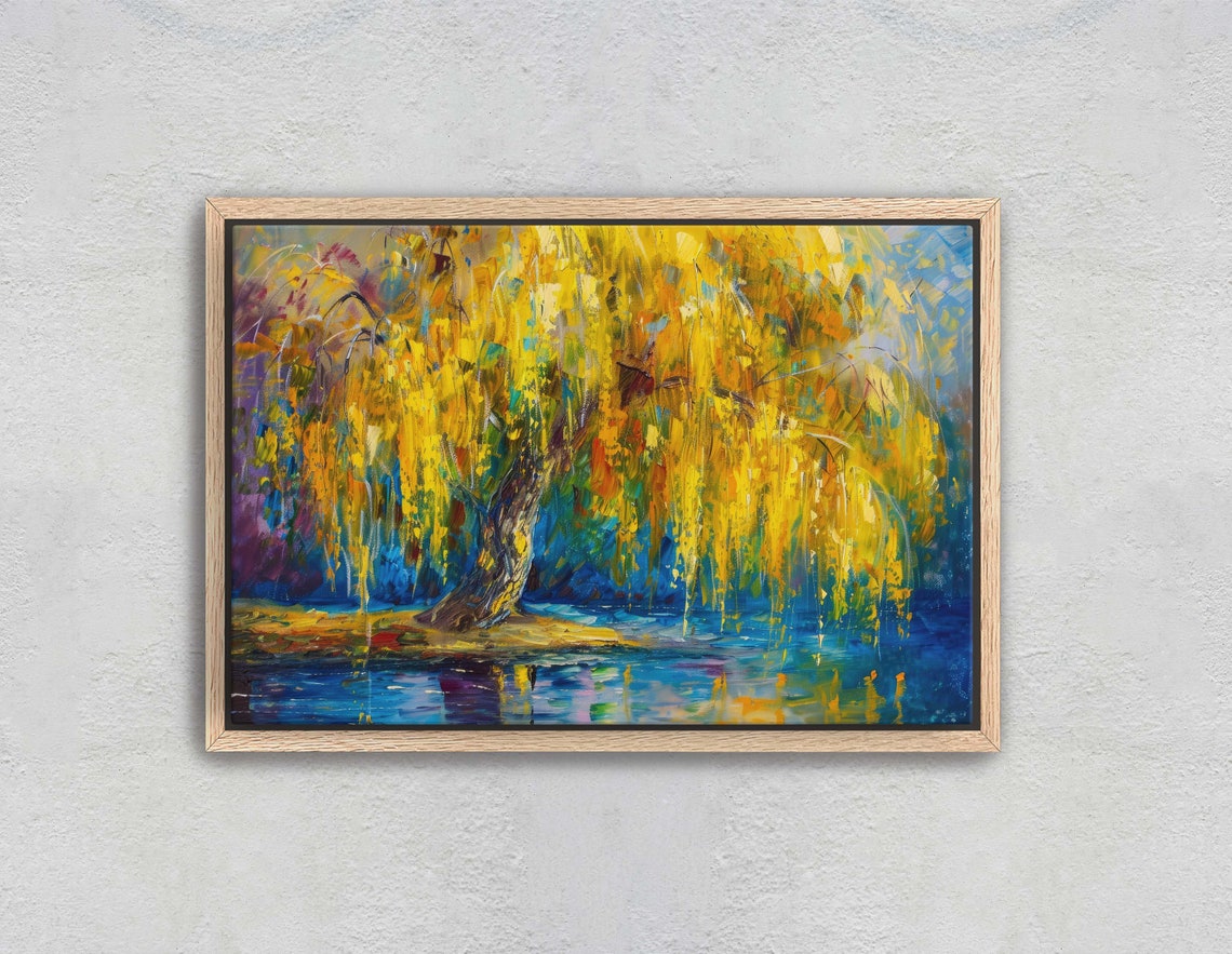 Golden Weeping Willow By Water Impressionist Gold Blue Art Poster - Image 2