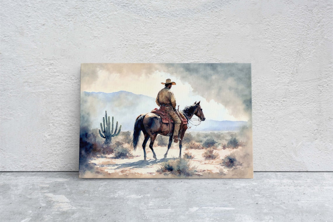 Watercolor Cowboy Horseback Desert Cactus Old West Sunset Scene Poster