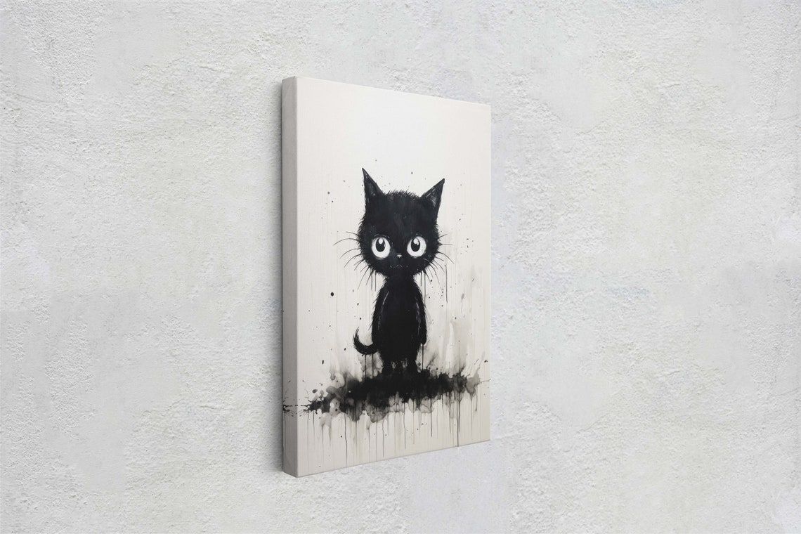 Tiny Black Cat Ink Splatter Big Eyes Minimalist Kitten Art Poster - Image 2