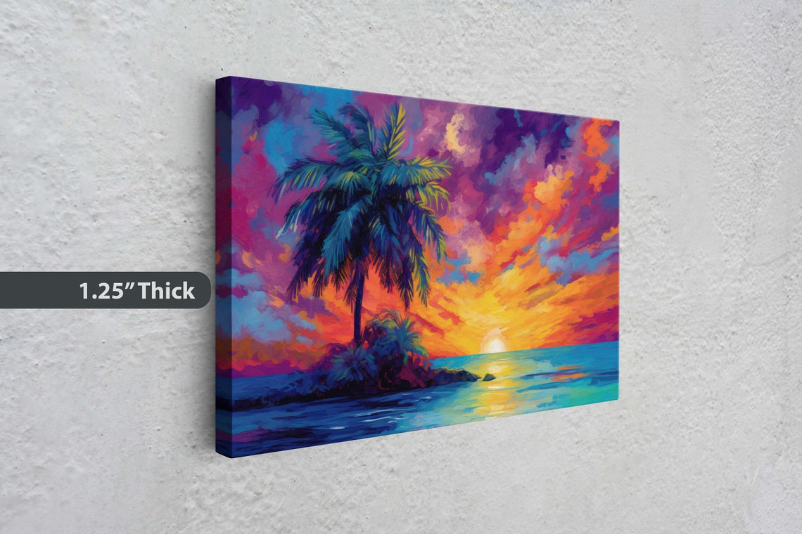 Vivid Palm Sunset On Palm Tree Dusk Evening Ocean View Oceanside Colorful Beach Framed Watercolor Painting - Image 3