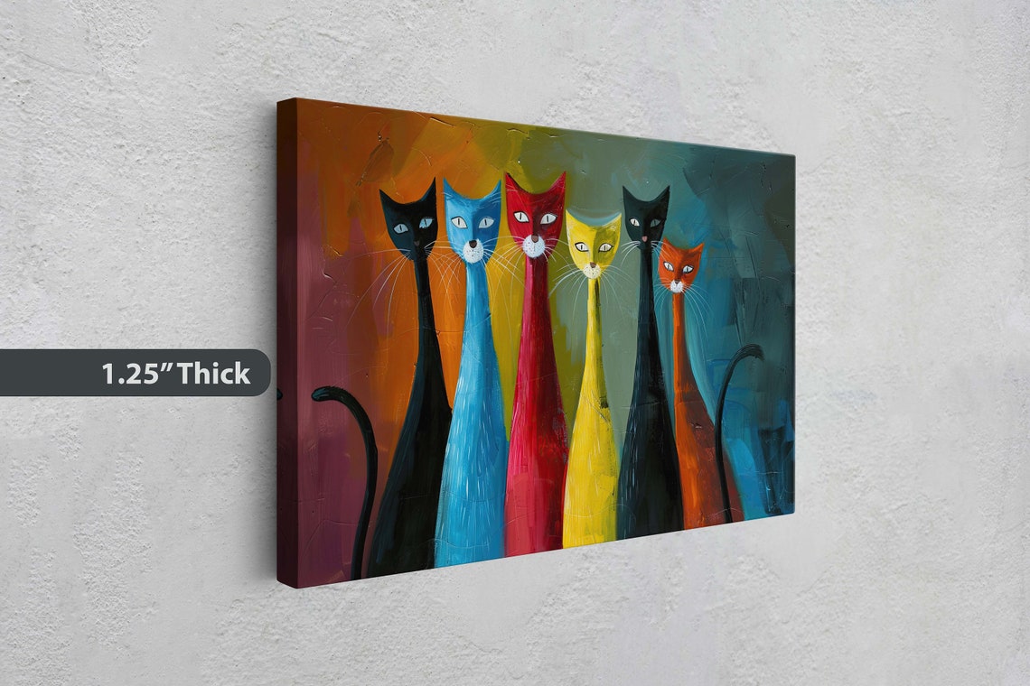 Six Colorful Cats Abstract Orange Teal Gradient Background Art Poster - Image 3