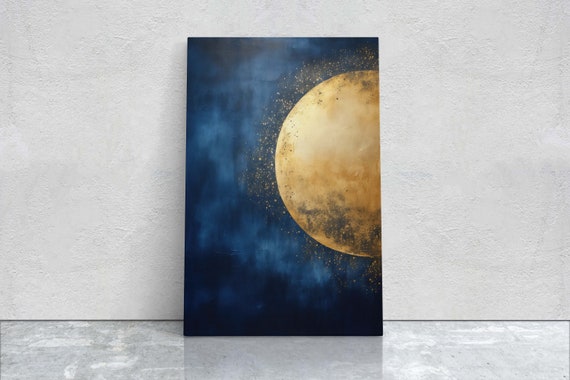Gold Moon On Indigo Moon Painting Minimalist Art Circle Indigo Maximalist Art Contemporary Decor Celestial Art Space Decor Night Sky