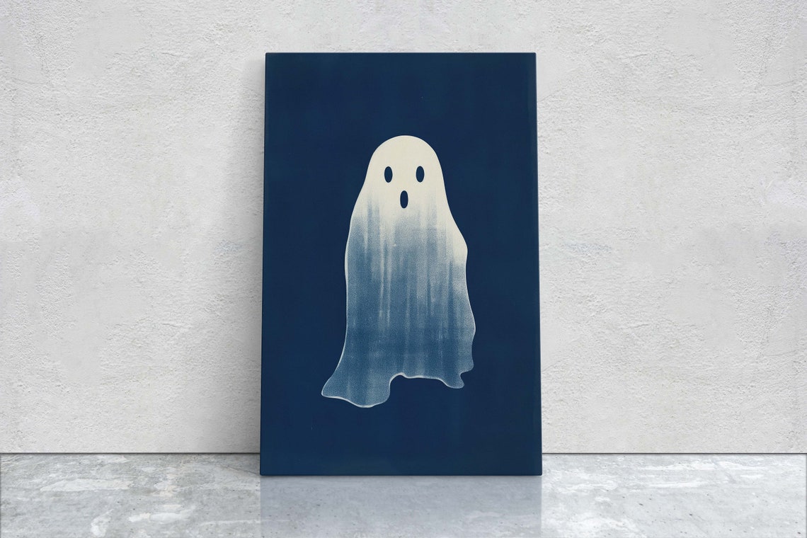 Cute Minimalist Ghost Navy Blue Halloween Spooky Decor Art Poster