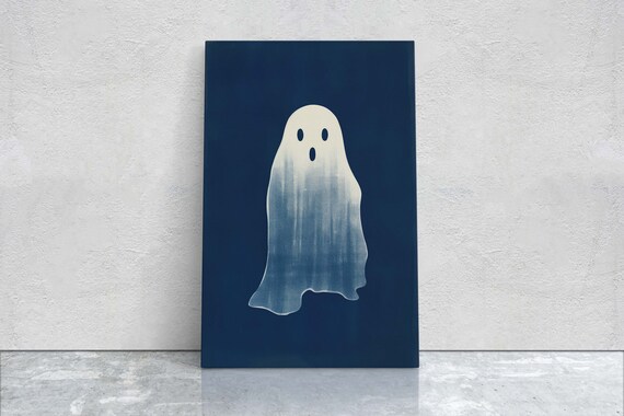 Cute Minimalist Ghost Navy Blue Halloween Spooky Decor Art Poster