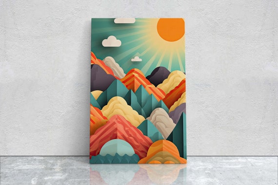 Minimalist Mountains Sunset Decor Flat Art Vibrant Color Bold Art Vertical Abstract Mountain Mid Century Modern Scandinavian