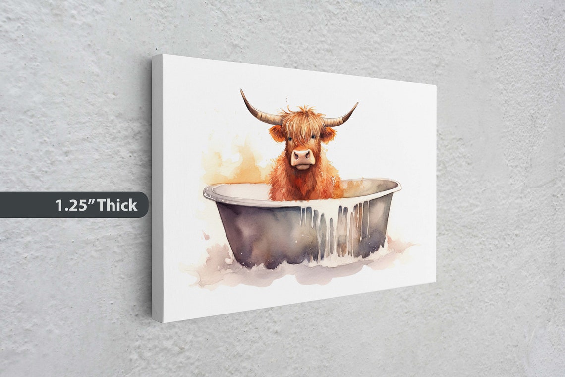 Highland Cow In Bathtub Watercolor Funny Farm Bathroom Wall Art - Image 3