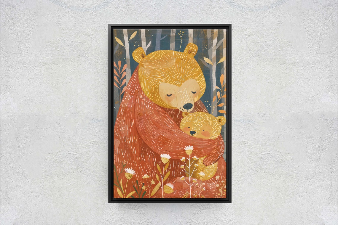 Mama Bear Hugging Cub Forest Illustration Warm Nursery Art Poster - Image 2