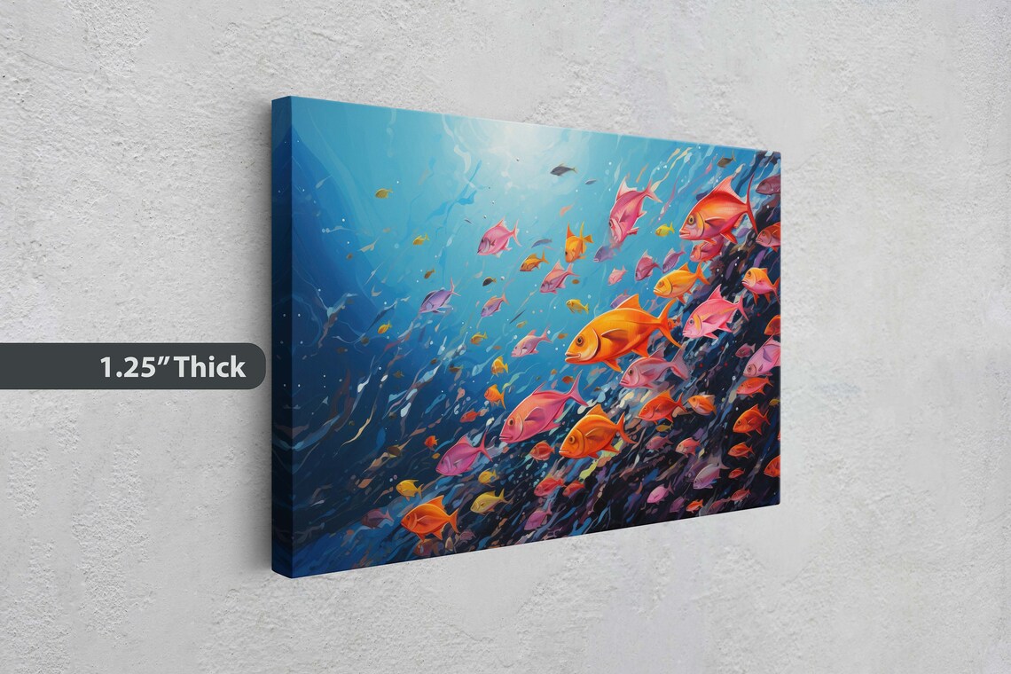 Fish School Painting Wall Art Abstract Blue Sea Painting Boho Wall Dcor Custom Painting Home Decor Large Original Framed - Image 3