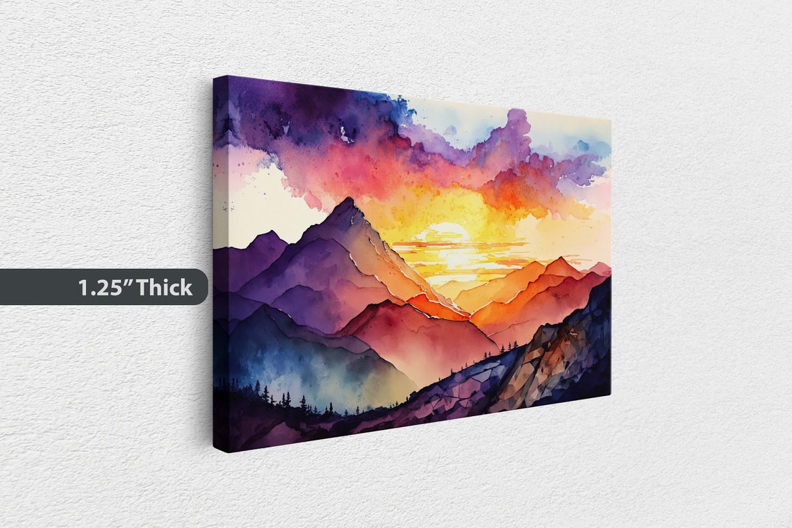 Watercolor Mountain Sunset Vibrant Pink Purple Peaks Valley Poster - Image 3