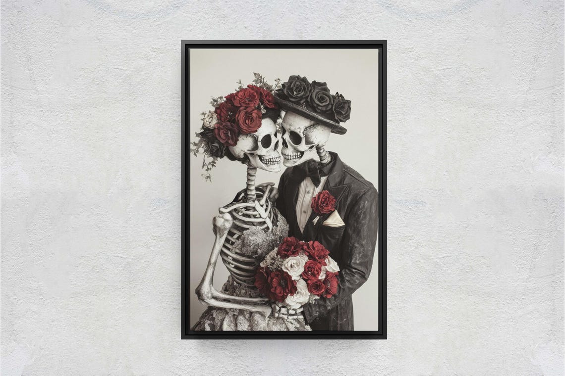 Skeleton Bride and Groom Wedding Portrait Red Roses Gothic Art Print - Image 3