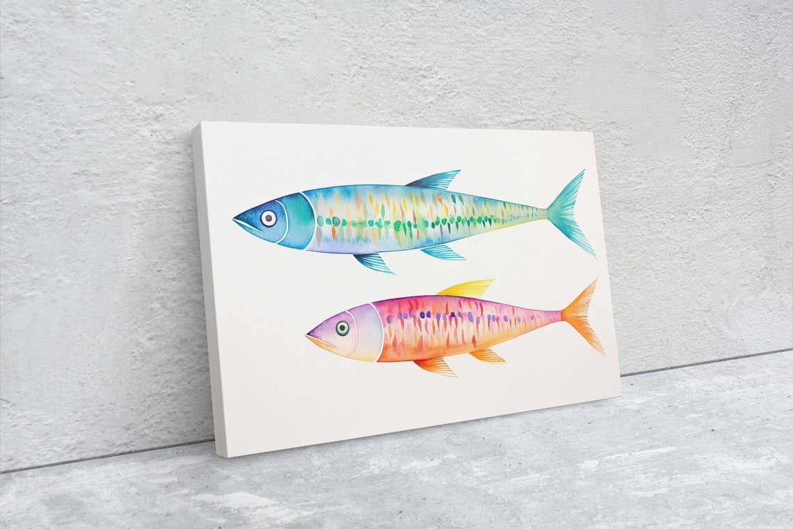 Two Watercolor Sardines Teal Pink Fish Coastal Kitchen Decor Poster - Image 2