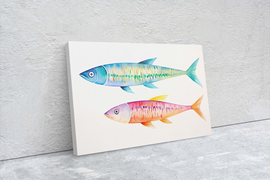 Watercolor Sardine Fish Painting Vibrant Color Kitchen Print Dining Room Clean Minimal Abstract Framed - Image 2