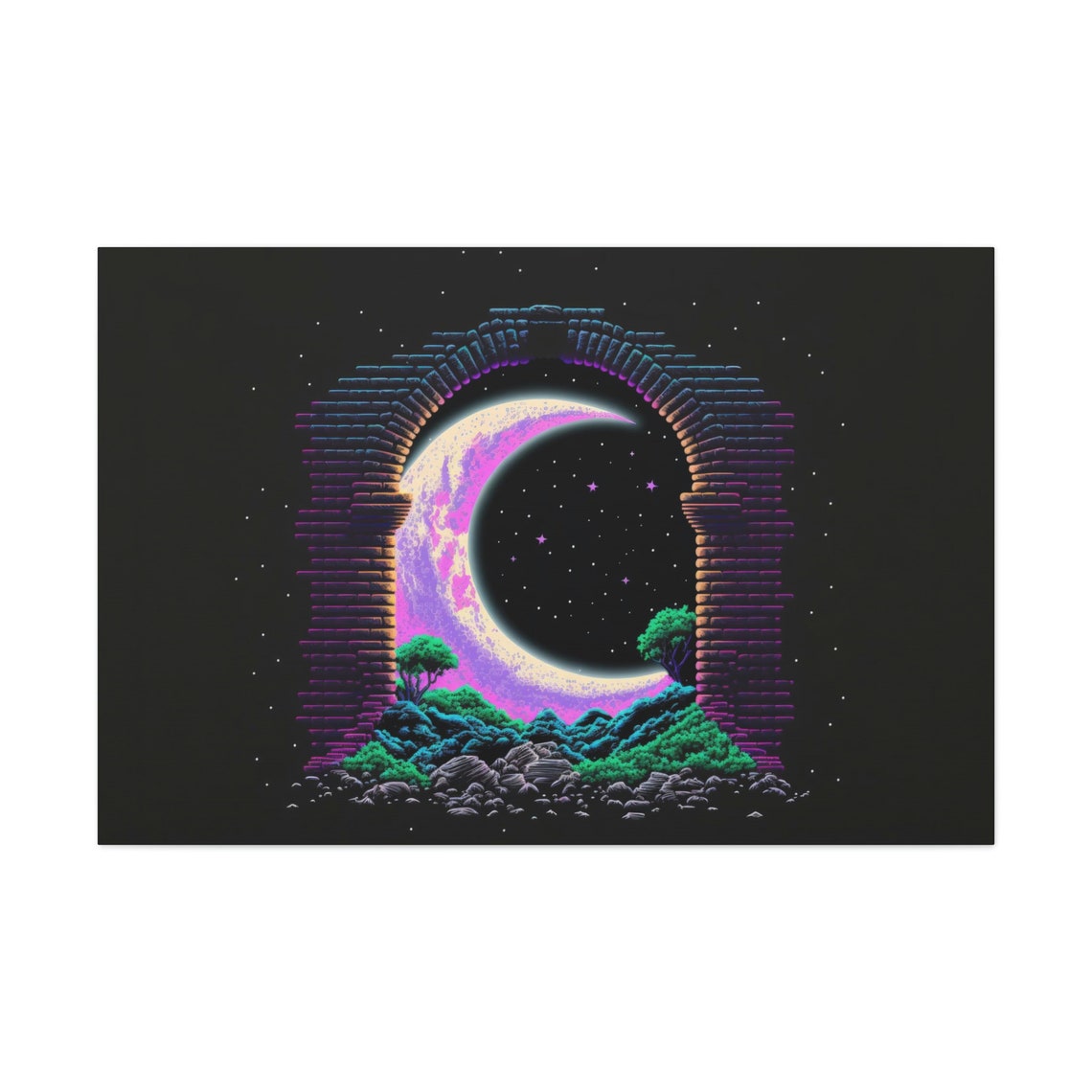 Crescent Moon Through Stone Arch Night Stars Pixel Fantasy Art Poster