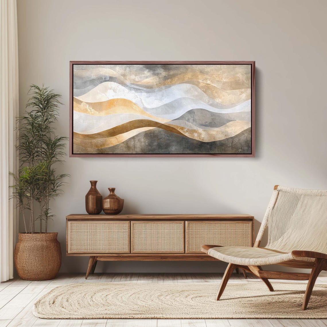 Morning Fog Minimalist Mountain Landscape Beige Gold Wave Art Poster - Image 2