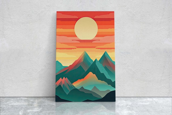 Minimalist Mountains Sunset Decor Flat Art Vibrant Color Bold Art Portrait Vertical Abstract Mountain Mid Century Modern Swedish