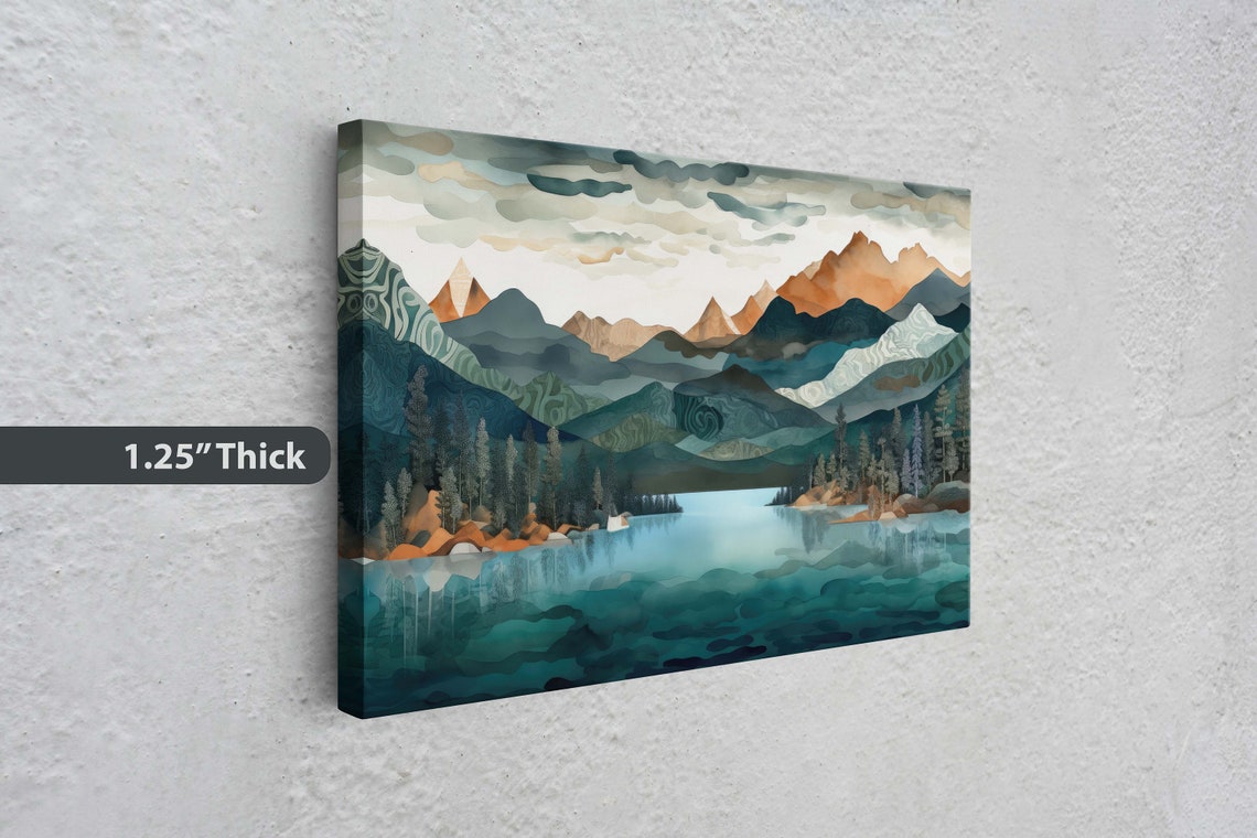 Watercolor Pine Lake Misty Mountain Peaks Cloudy Sky Landscape Poster - Image 3