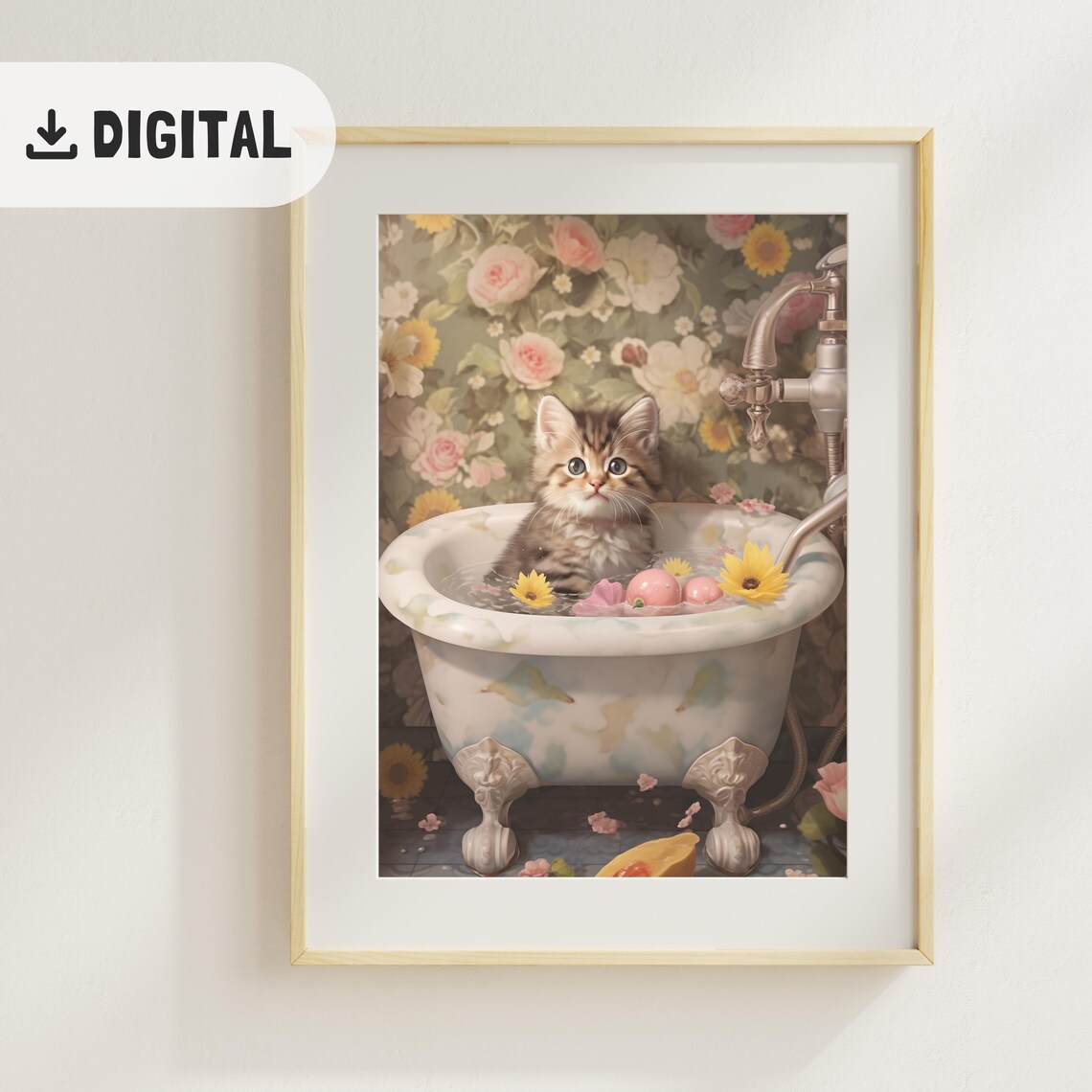 Tabby Kitten in Clawfoot Tub with Daisies and Bath Bombs Poster - Image 2