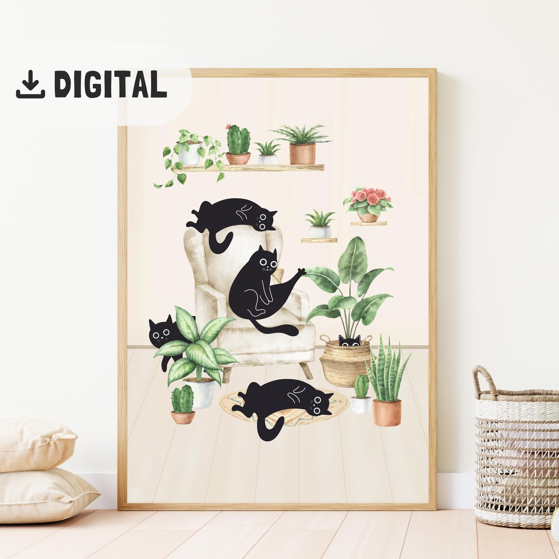 Five Black Cats Lounging in Plant Filled Living Room Art Poster