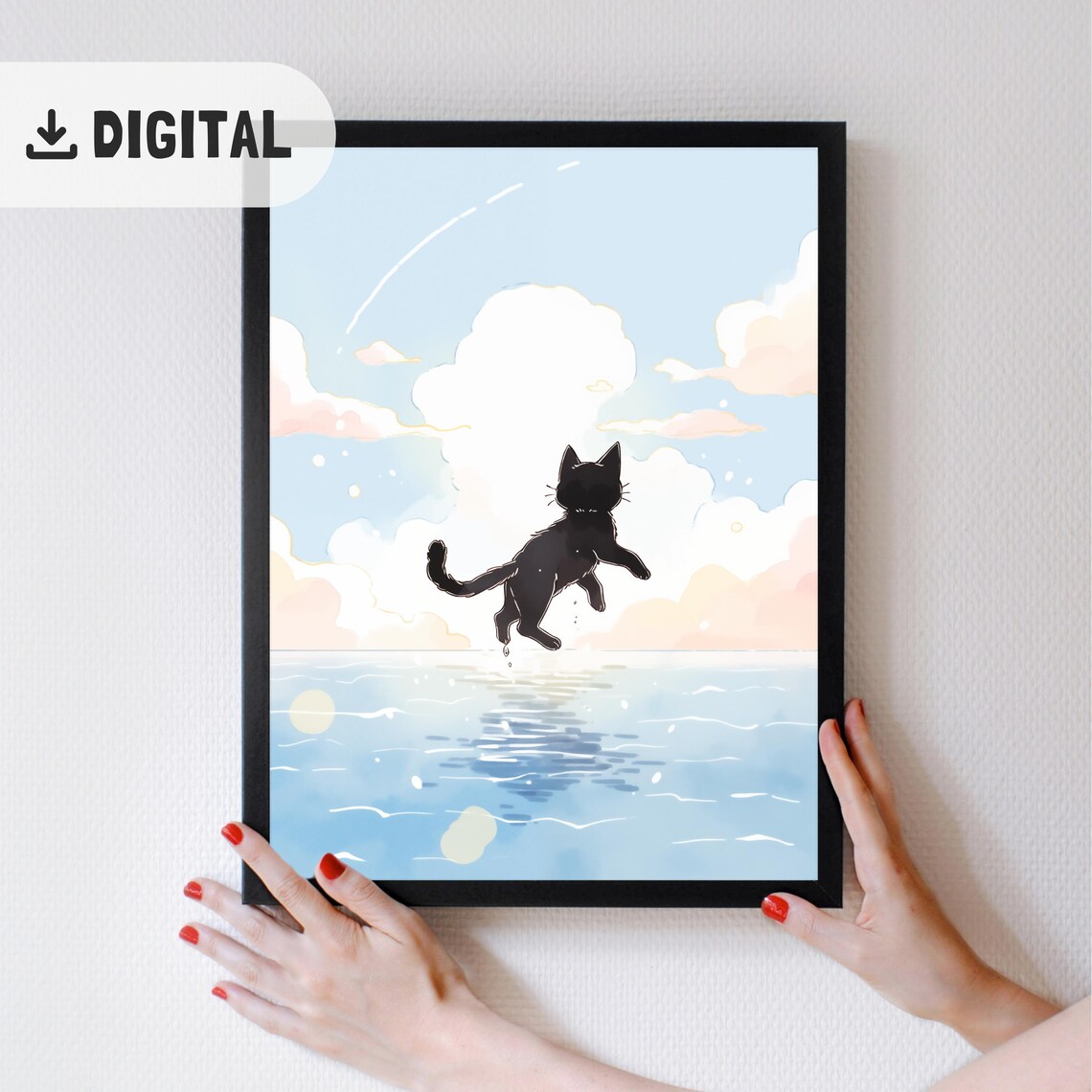Black Cat Jumping Over Ocean Waves Joyful Watercolor Art Poster