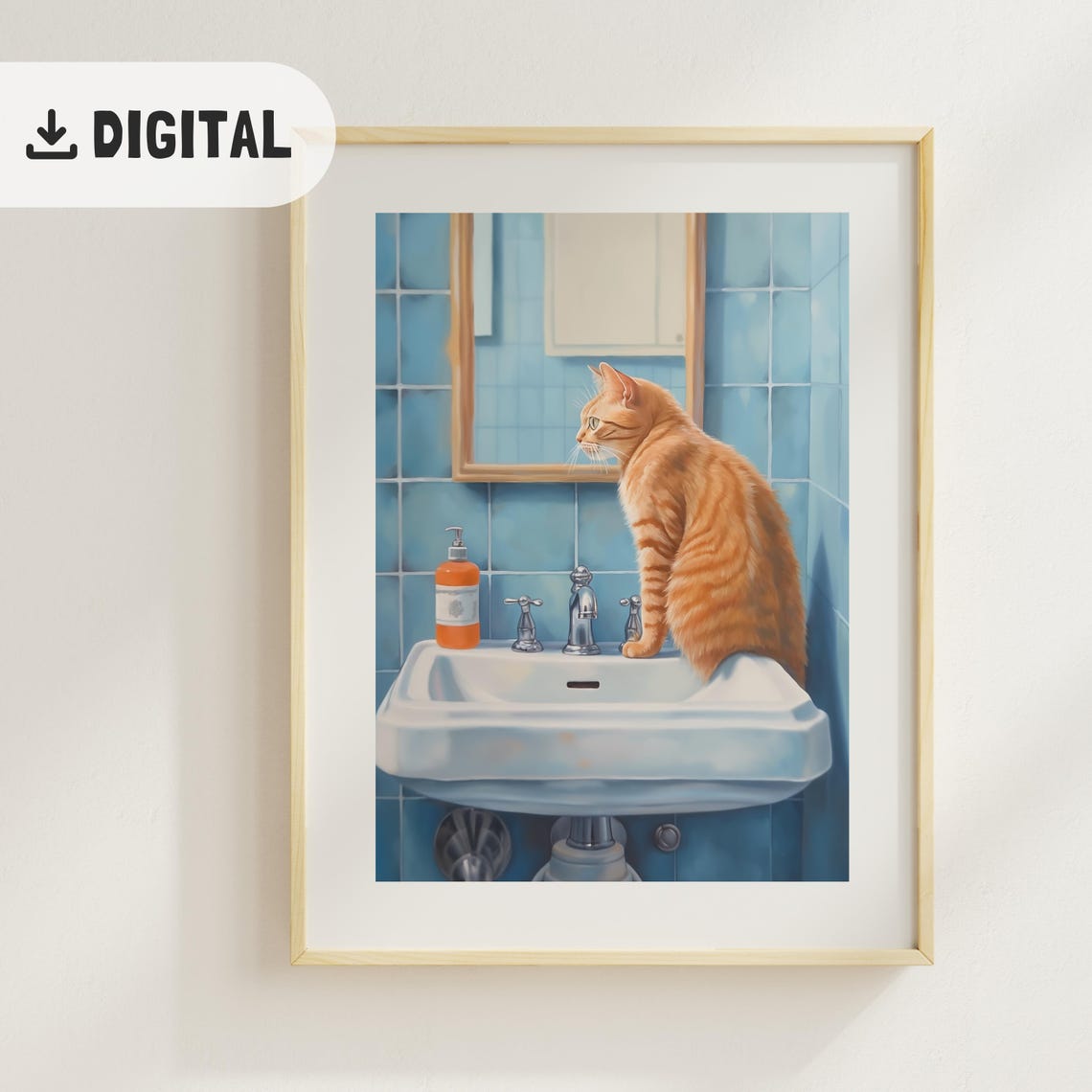 Orange Tabby Cat On Vintage Bathroom Sink Blue Tile Mirror Poster - Image 2
