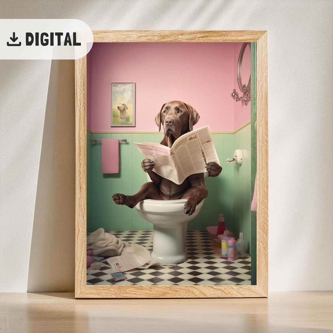 Chocolate Labrador Reading Newspaper on Toilet Retro Bathroom Poster