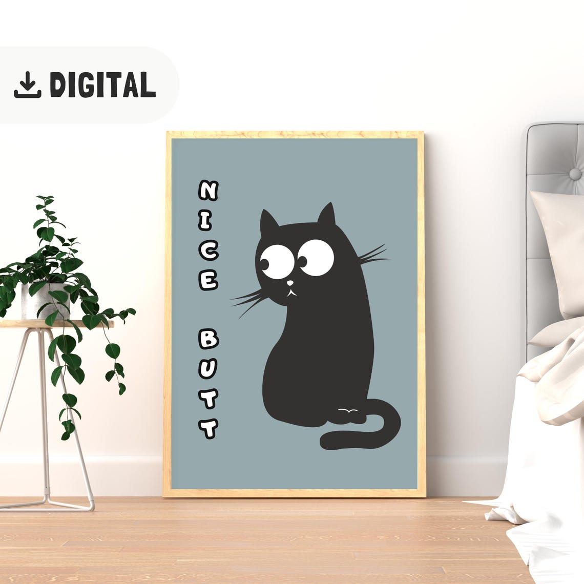 Nice Butt Quote Funny Black Cat Sitting Backward Beige Art Poster - Image 2