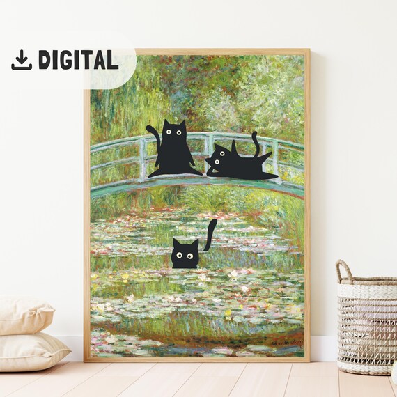 Claude Monet Cat Art Waterlily Pond Bridge Cat Print Quirky Cat Poster Black Cat Wallart Cat Lovers Gift Home Decor Cat Famous Painting
