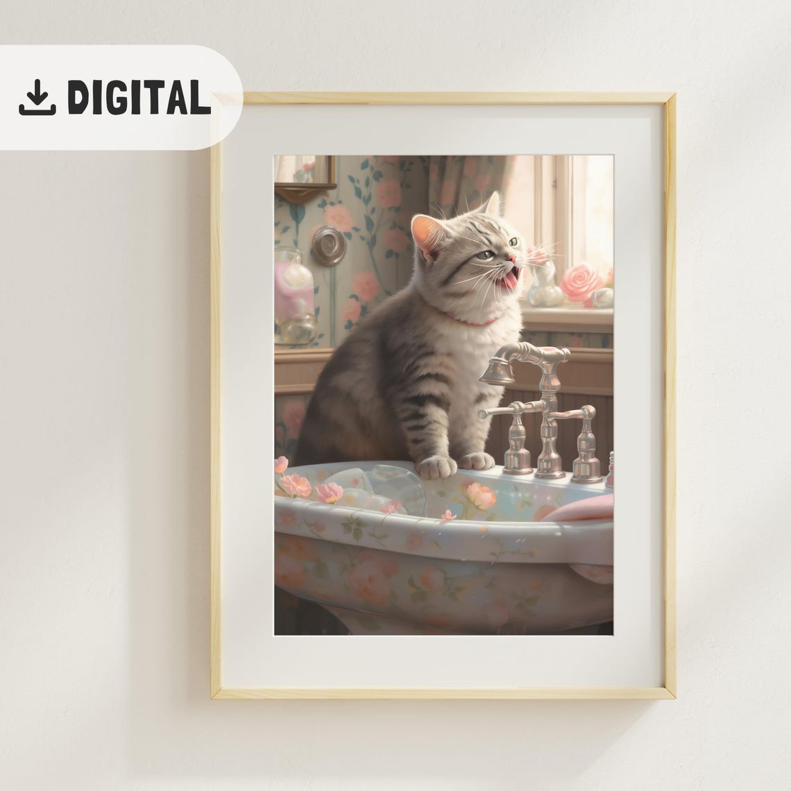 Gray Tabby Cat on Bathroom Sink Cute Morning Routine Kitty Wall Art - Image 2