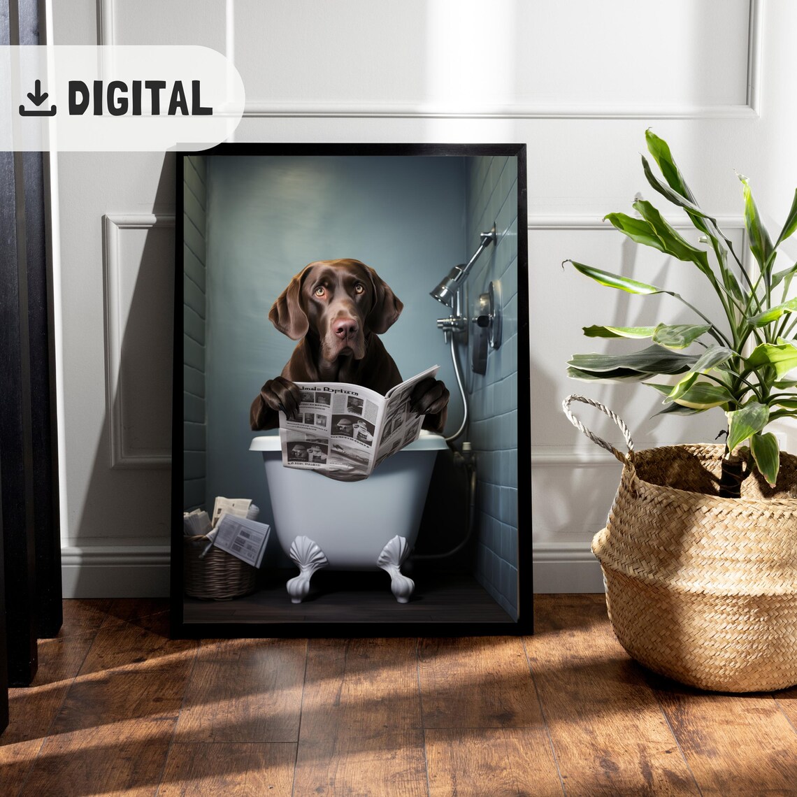 Chocolate Labrador Reading Newspaper in Bathtub Funny Dog Poster