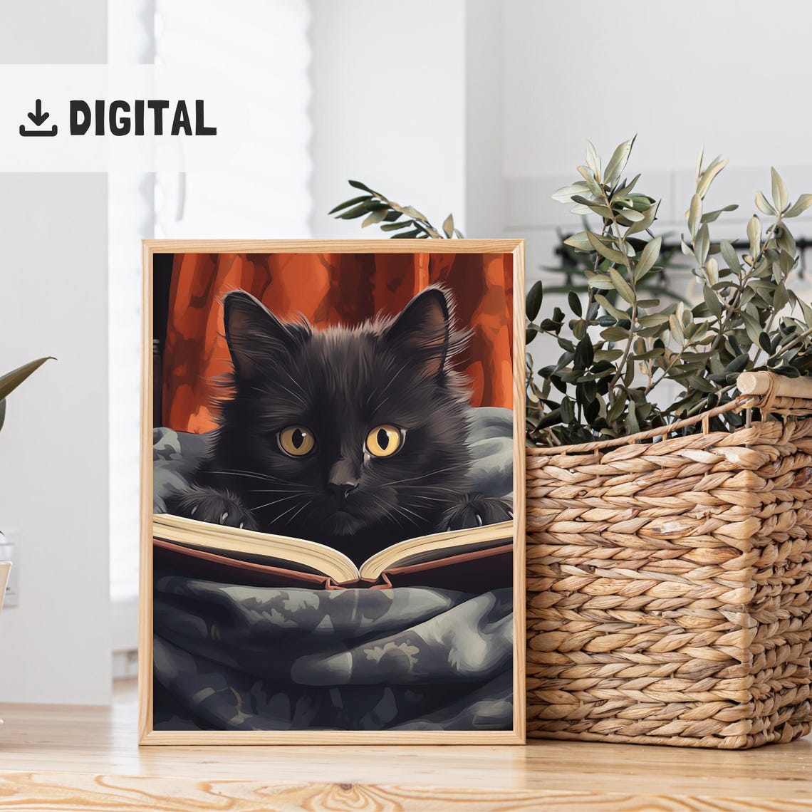 Fluffy Black Cat Peeking Over Open Book Painterly Reading Poster - Image 2
