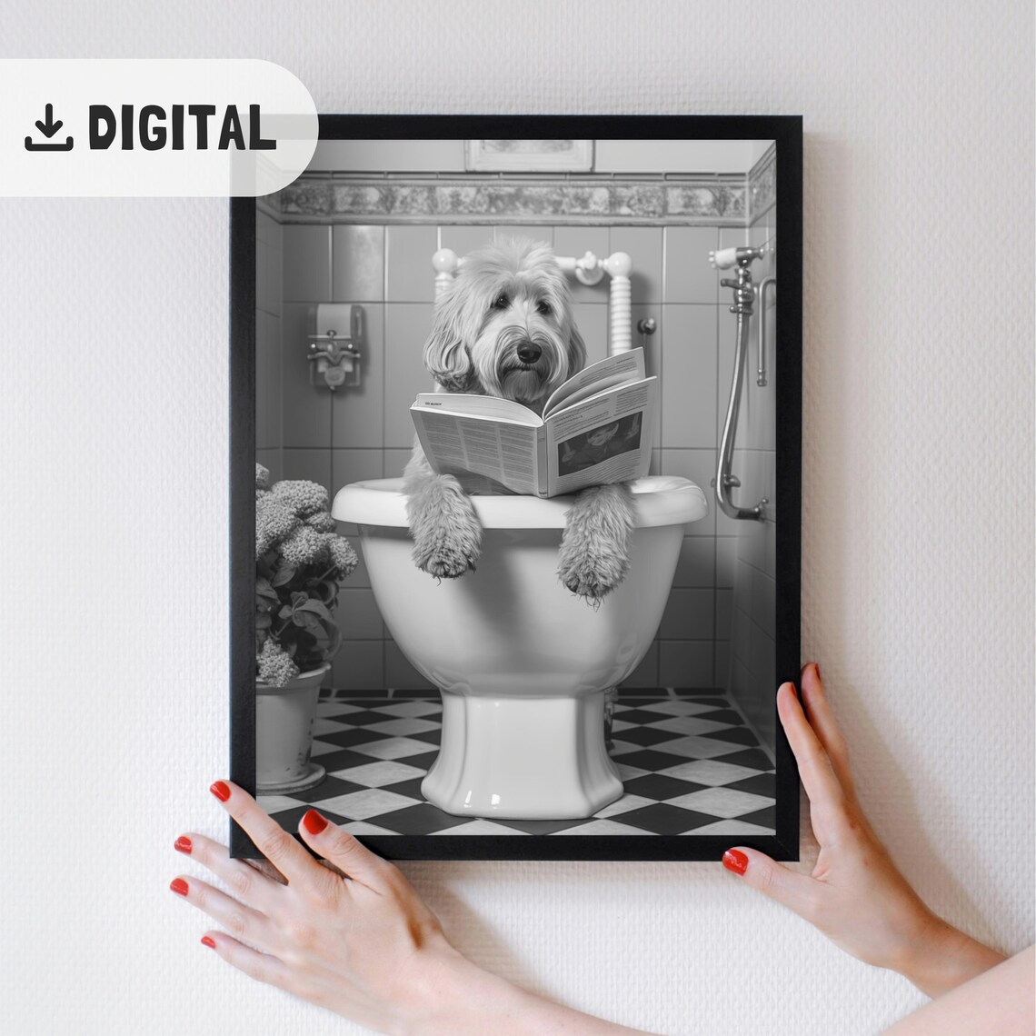 Black and White Shaggy Dog Reading Newspaper on Toilet Poster - Image 2