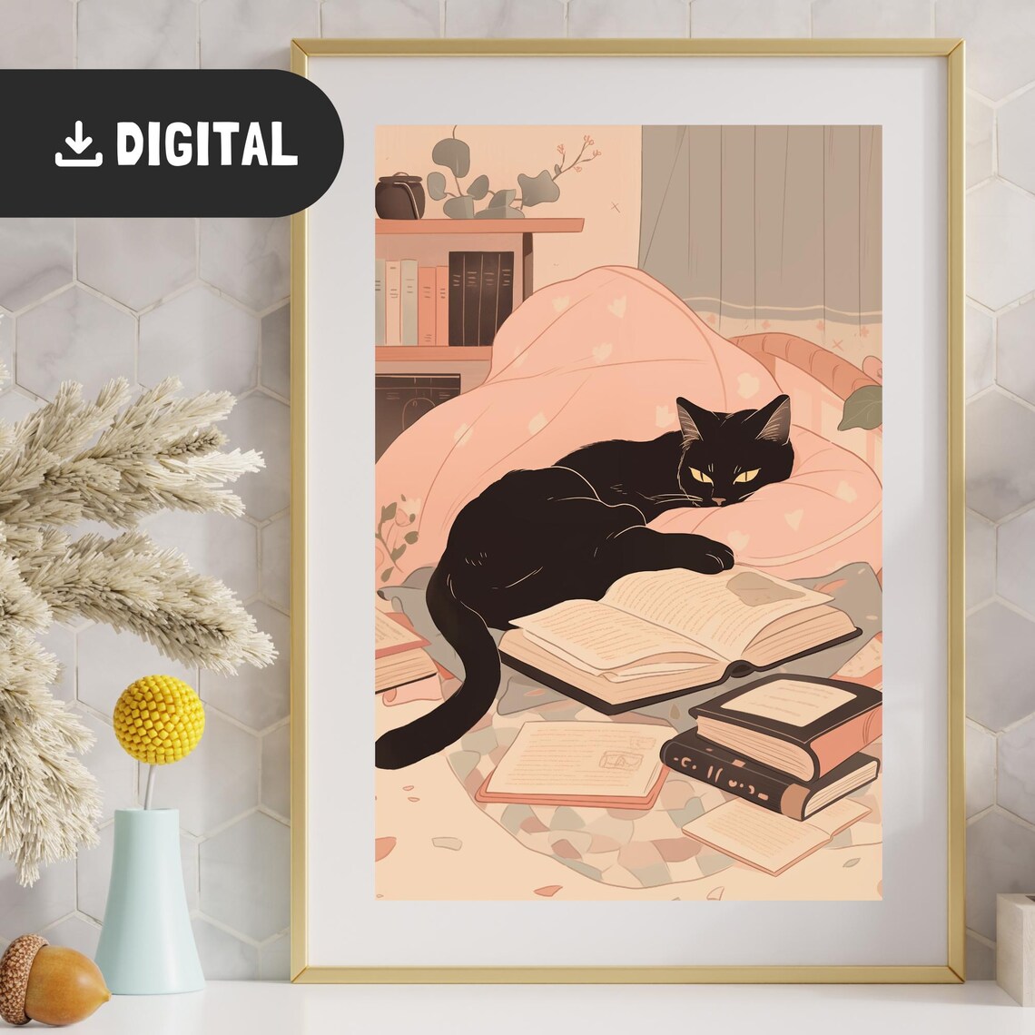 Black Cat Lounging Among Books Cozy Reading Nook Poster Gift - Image 2