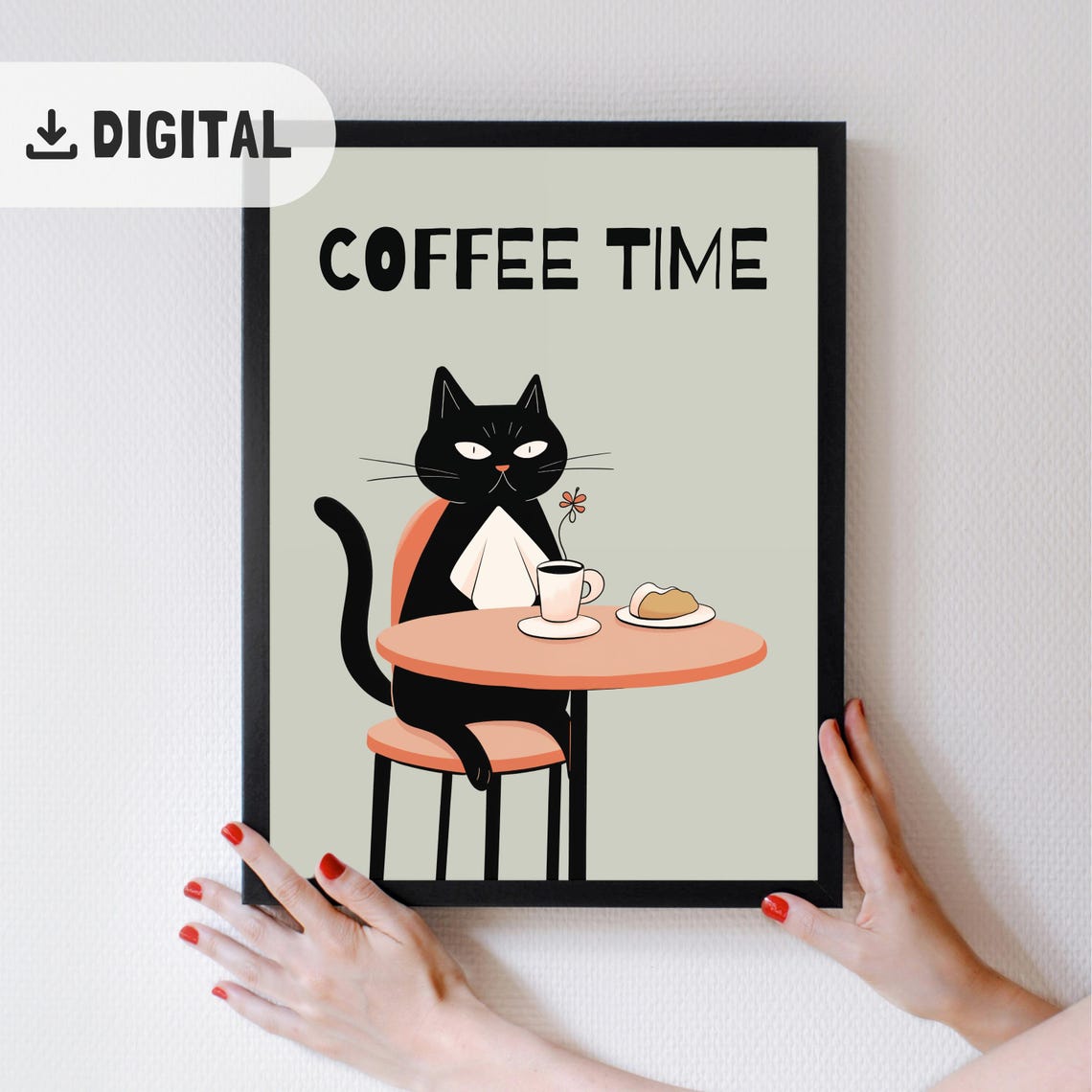 Coffee Time Black Cat Cafe Table Croissant Poster Gift Decor
