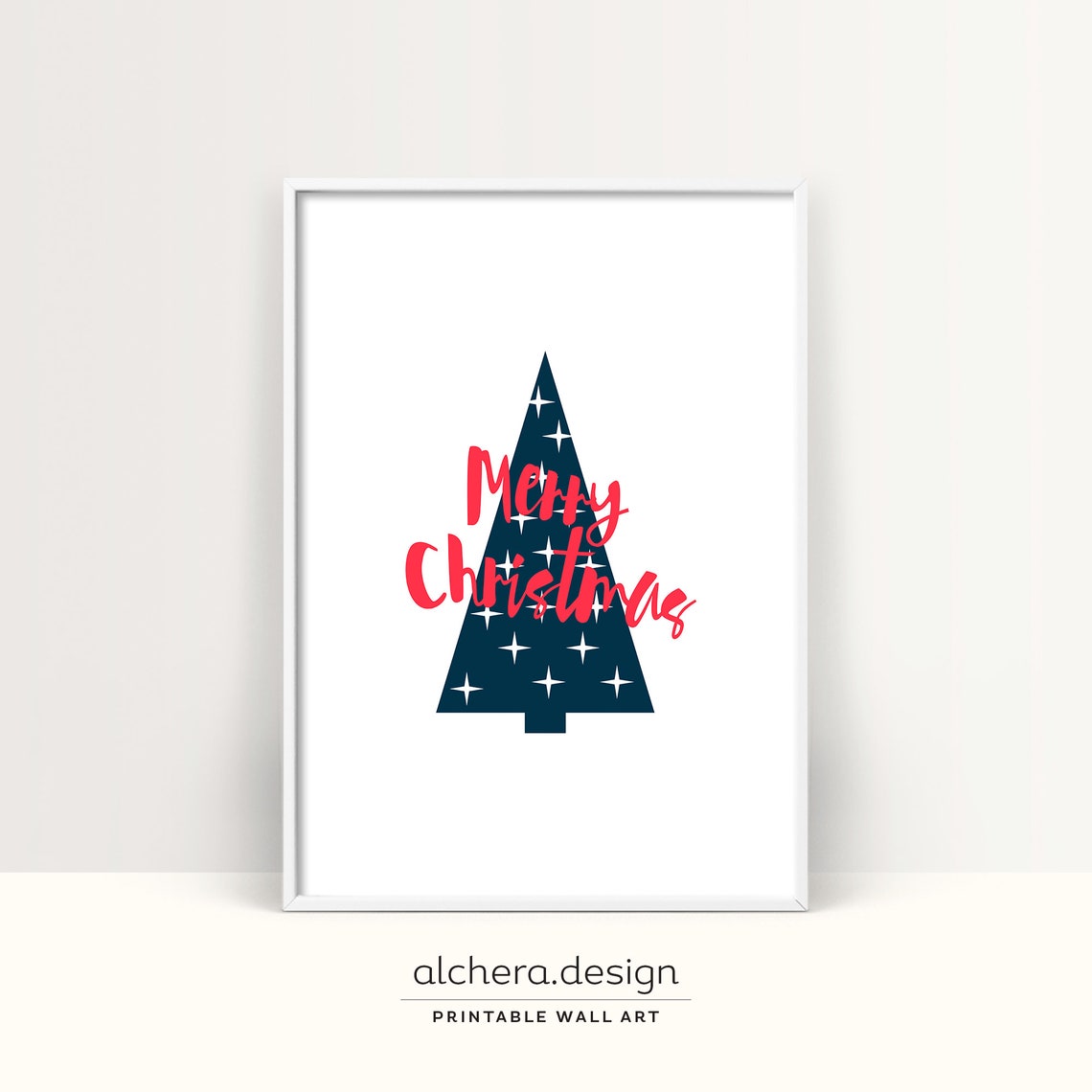 Merry Christmas Navy Tree White Stars Pink Script Quote Poster