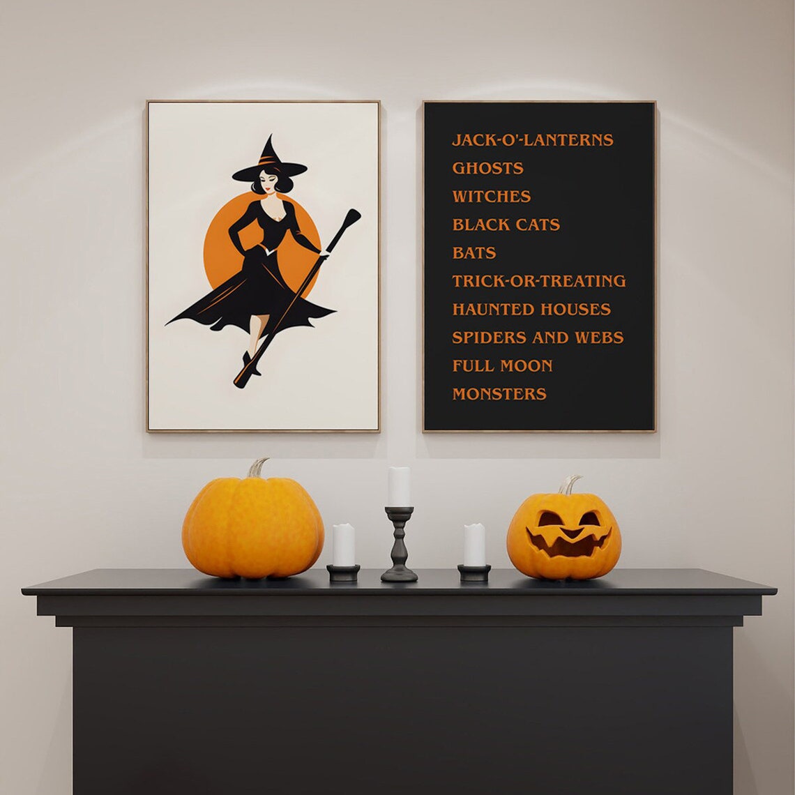 Retro Witch On Broom Orange Moon Vintage Halloween Art Poster - Image 2