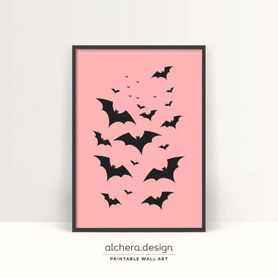 Pink Bats Wall Decor Cute Halloween Art Pastel Bat Decorations Feminine Witch Aesthetic Halloween Wall Art