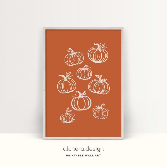 White Line Pumpkins Burnt Orange Autumn Minimalist Decor Poster