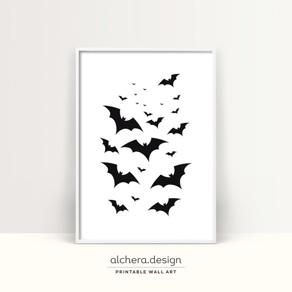 Flying Bats Halloween Spooky Black White Minimalist Art Poster