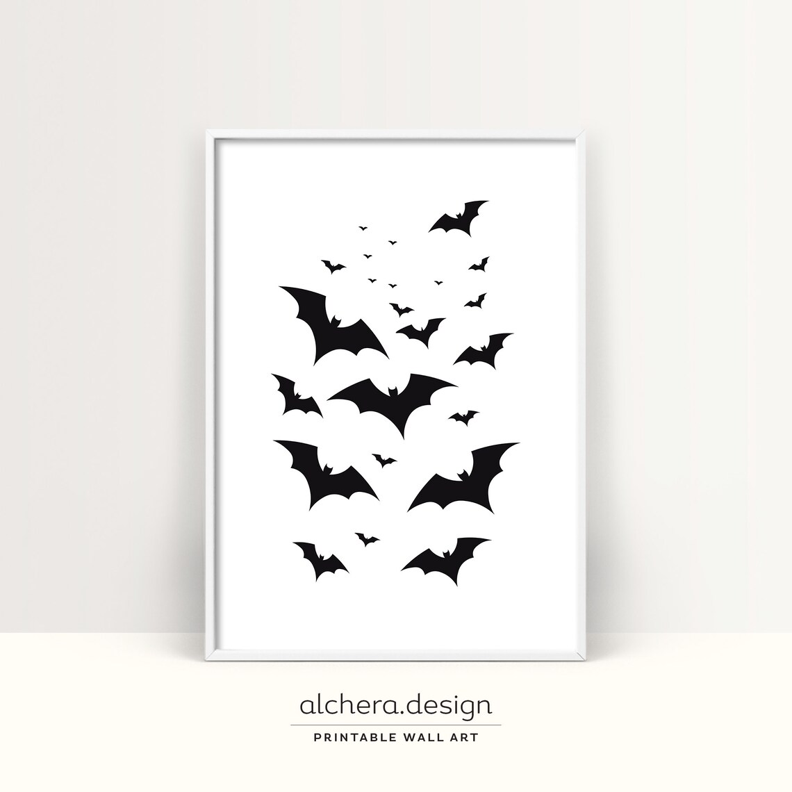 Flying Bats Halloween Spooky Black White Minimalist Art Poster