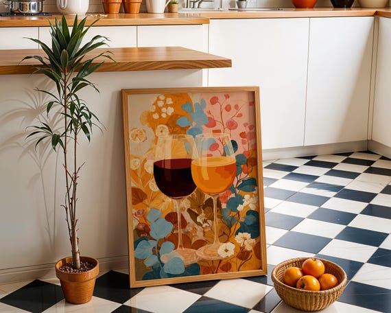 Autumn Wine Bottle Print Rustic Fall Floral Kitchen Wall Art Poster