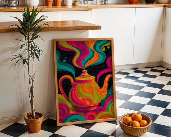 Neon Swirling Steam Teapot Psychedelic Retro Kitchen Wall Poster