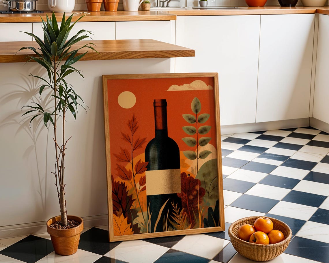 Autumn Wine Bottle Print Rustic Fall Floral Kitchen Wall Art Poster