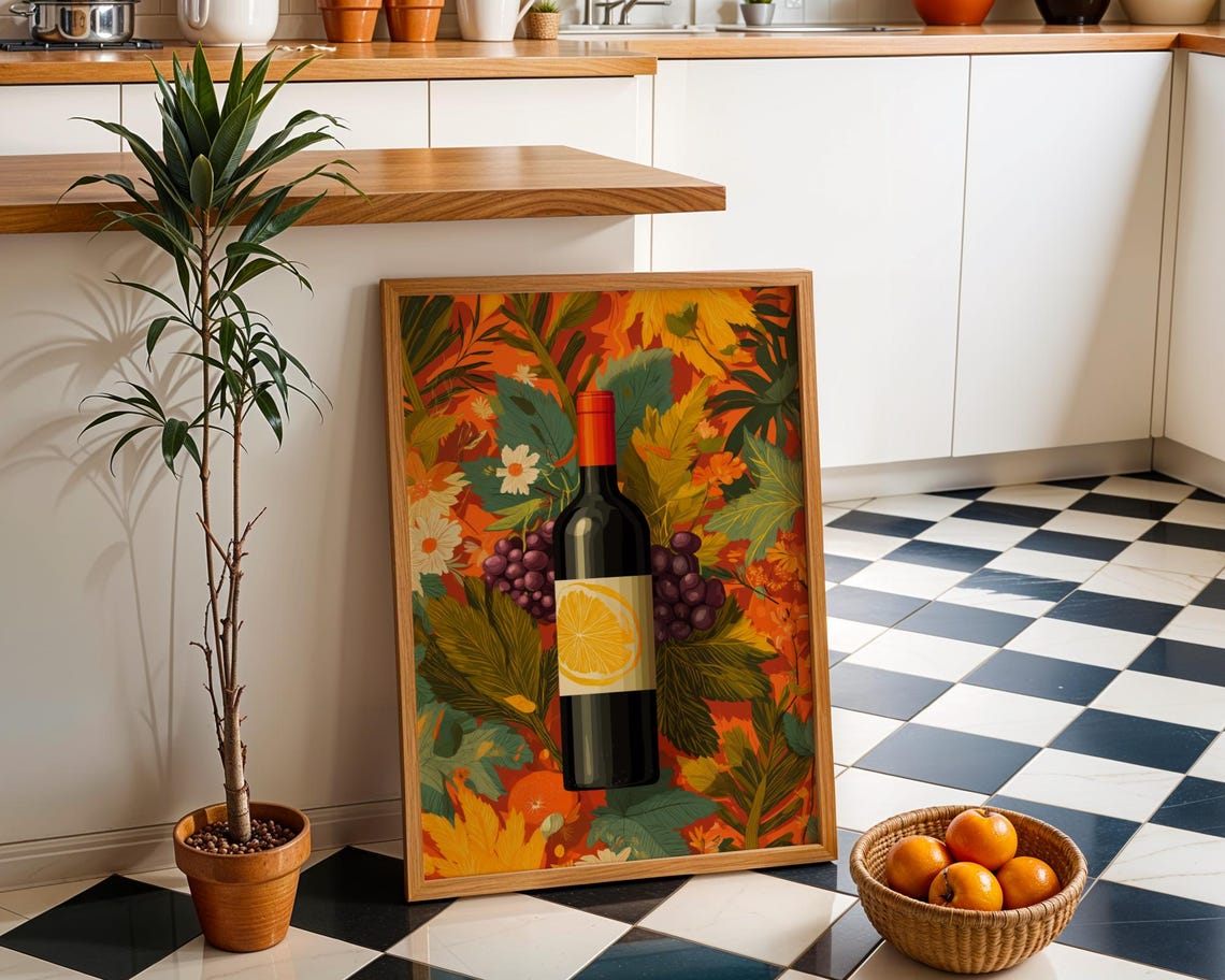 Autumn Wine Bottle Print Rustic Fall Floral Kitchen Wall Art Poster